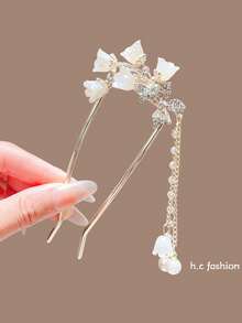 1个U形铃兰花中国风流苏发簪发夹配饰 - 彩色 - 查看 8