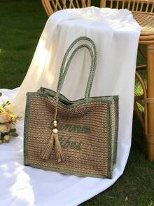 Nouveau sac fourre-tout à la mode en paille, sac à épaule polyvalent et grande capacité pour femmes, pour usage quotidien, travail, shopping - Multicolore - Voir 10