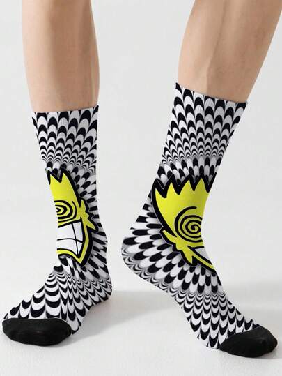 1 Pair Of 360 Printed Socks, Black And White Spiral Pattern, Funny Expressions, Unisex Couple Socks, Quirky And Cute Whirlwind Expressions, Street Style, Suitable For All Seasons