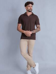 CAMISETA POLO ITALIANA DE TRICOT COM ELASTANO - Marrom - Visão 4