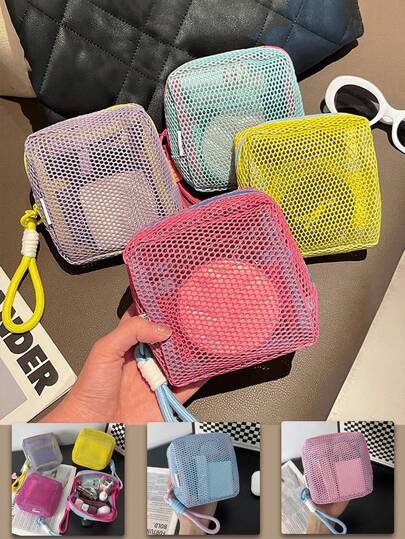 1pc Mini Macaron Color Transparent Grid Bag, Fresh And Fashionable, Versatile Storage Pouch, Cute Wallet-Style, Portable Cosmetic Bag, Zipper Tissue Holder, Women's Sanitary Napkin Bag, Can Hold Lipstick, Small Makeup Brushes, Skincare Products, Bluetooth Earphones, Coins, Etc. An Ideal Christmas Gift Choice, Suitable For Home, Travel, Vacation And School. Can Be Used As Cosmetic Bag, Skincare Bag Or Storage Pouch.