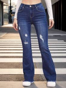 Pantalones vaqueros de mujer Skinny con elástico y rasgados, pantalones acampanados de cintura alta azules, leggings de mujer, jeggings acampanados, leggings acampanados para mujeres altas - Azul - Ver 3