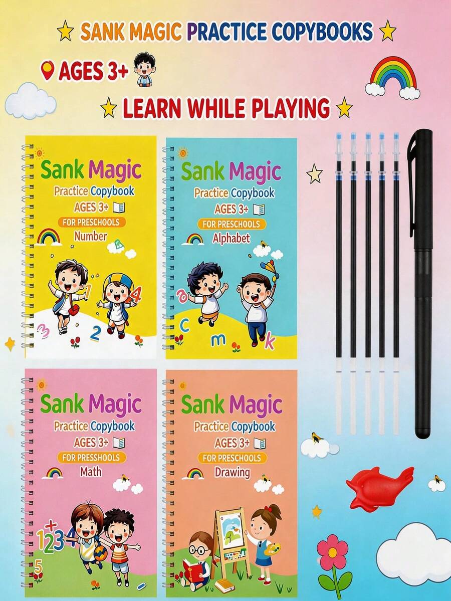 4pcs Children's Pencil Control & Intelligence Training Books, Montessori Educational Tools, Children's English Practice Copybooks, Grooved Magic Copybooks, Reusable Pencil Control Training Books, Preschool Handwriting Practice Books - Multicolor - View 1