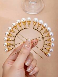 2个复古U型珍珠发夹，花朵发饰，适合日常发型、角色扮演、拍照、婚礼头饰 - 金色 - 查看 2