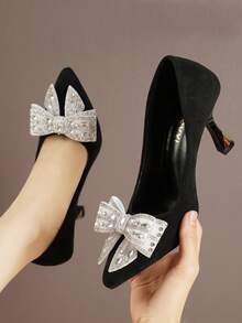 闪亮水晶蝴蝶结尖头细高跟鞋，派对及婚礼鞋 - 黑色 - 查看 3