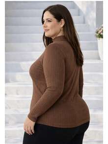 Women's Plus Size Long Sleeve Blouse With Medium High Ribbed Neck, Premium Comfortable Viscose - Óxido marrón - Ver 3