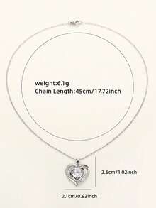 1pc Women's Romantic Cubic Zirconia Heart Pendant Necklace Valentine's Day Gift Wedding Jewelry - Silver - View 9