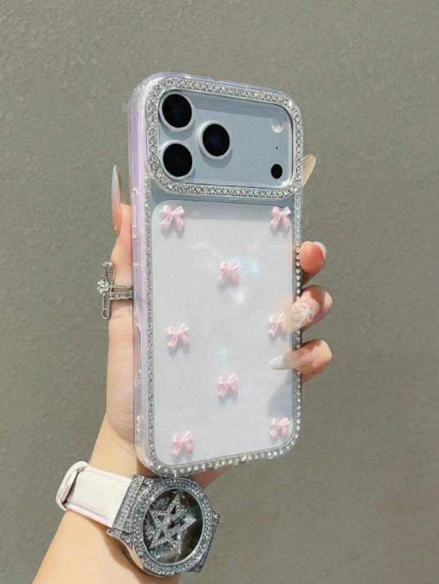 可爱闪亮粉色蝴蝶结少女甜美手机壳，适用于 17 Pro Max、Apple 15、16 Pro Max、新款 17 高端 16 爆款 13 女款 14，防震保护套 - 無色 - 查看 1