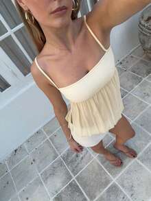女士雪纺拼接无袖开衩吊带背心 - 淡黃色 - 查看 2