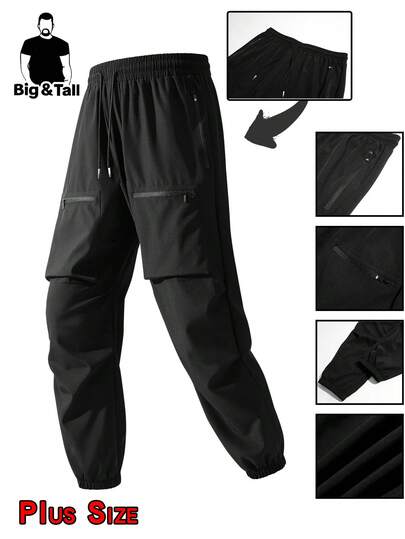 Plus Size Men's Multi-Pocket Drawstring Cargo Pants, Functional Outdoor Casual Trousers, Versatile Men's Long Pants, Loose Fit Relaxed Daily Casual Style Black Spring