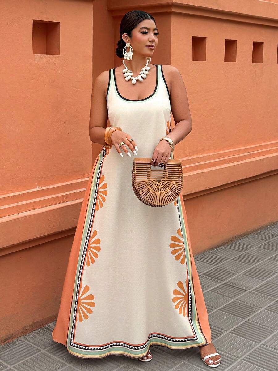 杏色无袖印花长裙 - 复古波西米亚风格，适合度假、休闲穿着，尺码齐全，女士春夏连衣裙，优雅大方 - 彩色 - 查看 1