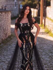 Faeriesty 优雅露肩美人鱼礼服，层叠雪纺面料，水晶装饰，可拆卸透明披肩，适合正式婚礼宾客、新娘写真、红毯盛典、蜜月旅行、浪漫摄影等场合。黑色春天 - 黑色 - 查看 11