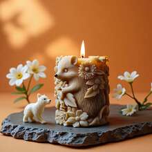 Hedgehog & Floral Fragrance Candle Silicone Mold DIY, Woodland Style Hedgehog Figurine, 3D Animal Relief Candle - D378 - View 4