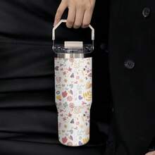 1pc/5pcs 30oz Stainless Steel Floral Insulated Tumbler, Suitable For Mother's Day, Easter, Valentine's Day, Theme Parties, Birthdays And Other Holidays. Floral Print Design, Keeps Drinks Hot/Cold, Fashionable Style. Multifunctional Cup For Daily Use! Ergonomic Handle Design, Anti-Drop , Easy To Clean. - Multicolor - View 11