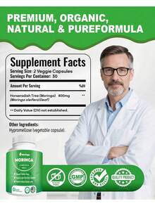 Moringa Capsules – 800mg Pure Moringa Powder Supplement – 60 Capsules For Natural Energy, Immune System, Skin & Gut Health Support, Green Antioxidant Superfood, Essential Vitamins & Amino Acids - 1 - 查看 7