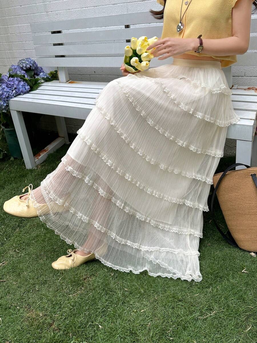 甜美蕾丝网纱蛋糕裙，2026夏季新款高腰显瘦荷叶边A字公主长裙