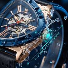 LONGLUX 1pc Men's Automatic Mechanical Watch, Blue & Gold Contrast Hollow Dial, Dual-Layer Leather Strap, Personalized Wristwatch For Daily Wear - Multicolor - View 7