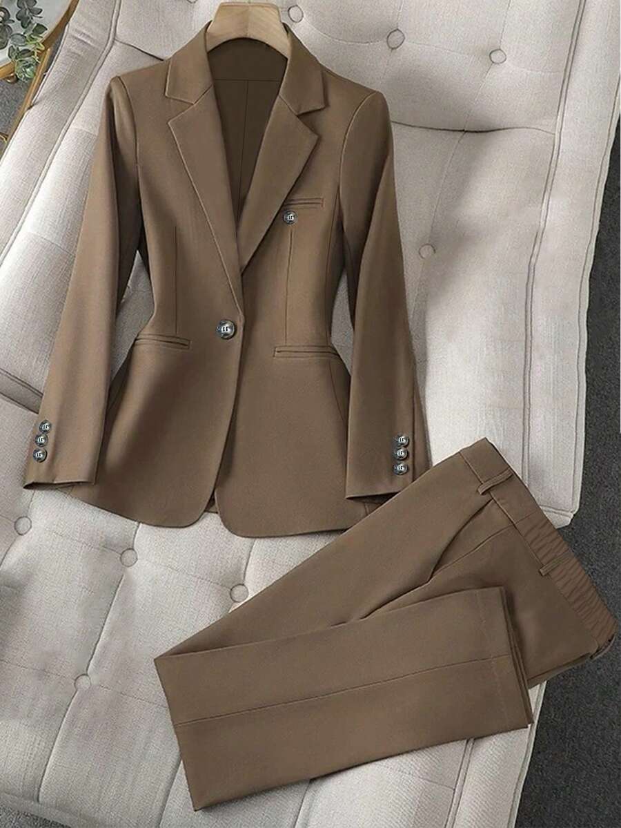 Women's Spring/Summer Fashionable Elegant Solid-Color Single-Layer Unlined Single-Button Long-Sleeve Flat Lapel Waist-Defining Blazer And Pants Two-Piece Set - Cà phê nâu - Xem 1