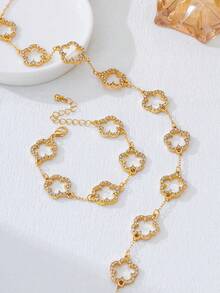 镂空四叶草水钻项链手链套装，优雅女士礼物 - 金色 - 查看 5