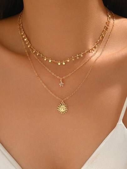 Bộ 3 chiếc vòng cổ tua rua hình ngôi sao dễ thương, vòng cổ mặt dây chuyền hình mặt trời vàng tối giản, trang sức vòng cổ thời trang phù hợp để đeo hàng ngày, đi nghỉ mát, dự tiệc và hẹn hò, chiều dài dây chuyền và số lượng hạt được làm thủ công và ngẫu nhiên.