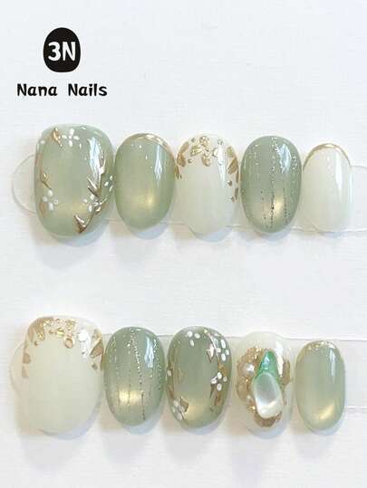 1包/10片 短款椭圆形按压式美甲贴片 | 森林花卉渐变色，搭配玉石玻璃珠和磁性猫眼 | 手工制作 粘贴式美甲贴片 | 轻奢短款椭圆形假指甲，适合女士和女孩