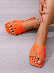 New Spring/Summer Fashion Casual Strap Slide Sandals, Comfortable Flat Heel Round Toe Slip-On Beach Slippers, Versatile Decorative Flat Sandals For Summer - Orange - View 6