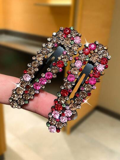 2pcs Women's Colorful Rhinestone Hair Clips, BB Clips, Bangs Clips, Side Clips, Vintage Elegant Style, Women Hair Accessories, Suitable For Daily Casual, Outing, Party, Date Wear