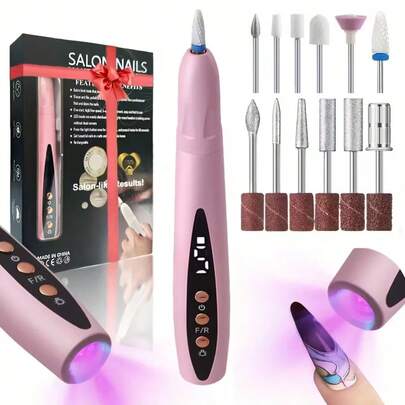 12件套电动指甲打磨机套装，多功能指甲钻，带液晶显示屏，电动卸甲灯二合一抛光烘烤灯工具，便携式电动抛光机，指甲油修剪工具套装，USB充电 - 适用于厚指甲的指甲打磨机，专业5速电动指甲锉，指甲抛光护理塑形工具，专业美甲打磨工具，女士佳礼