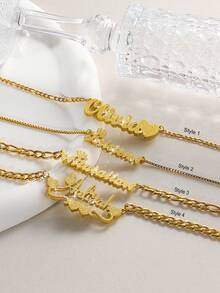 1pc Customized Name Necklace, Stainless Steel Cuban Chain, Personalized Heart/Butterfly/Crown 3D Pendant, Fashionable Unisex Jewelry, Suitable For Boyfriend's Birthday Gift, Spring/Summer, Neutral Style, European And American, Hip-Hop, Luxury, Bling Bling, Mother's Day, Father's Day, Holiday, Birthday, Vacation, Party, Wedding, Graduation, Anniversary, Christmas, New Year - Gold - View 3