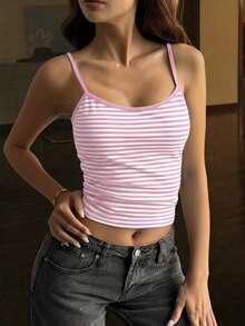 Vaiaye 女士时尚内衣风上衣，春夏条纹印花圆领修身休闲度假性感吊带背心，适合海滩度假和日常休闲穿着，粉色 - 粉色 - 查看 6