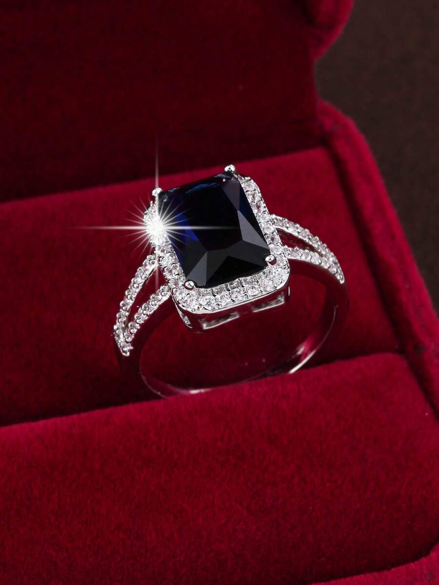 1pc Fashionable Luxury Square Zirconia Inlaid Ring - Royal Blue - View 1
