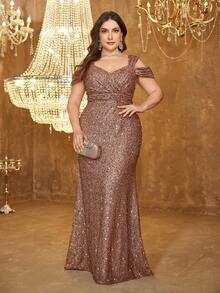 UNITHORSE 吊带V领露背褶皱腰部亮片优雅长款晚礼服 - 咖啡棕 - 查看 3