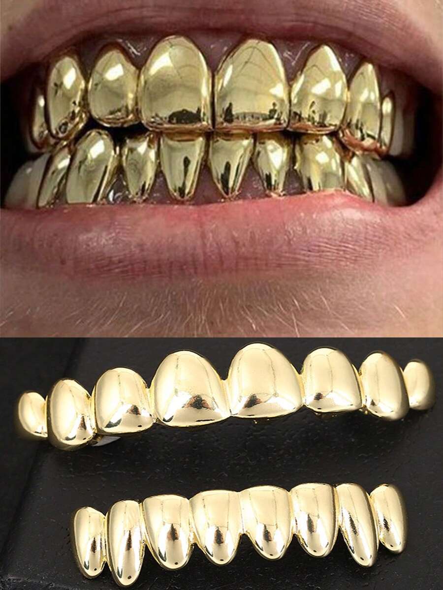 1 طقم أسنان معدنية ملونة ذات 8 أسنان من النحاس الأملس، إكسسوار حفلات الراب الجامعي للجنسين - متعدد الألوان - مشاهدة 1