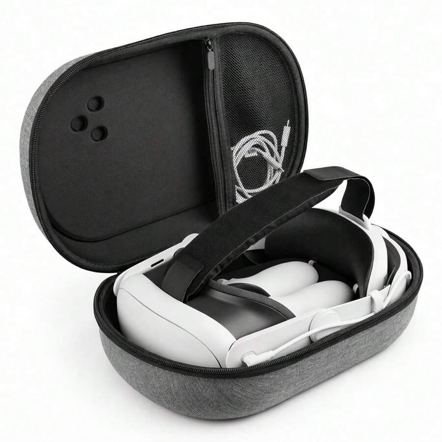 Hard Shell VR Headset Carrying Case Compatible With Met Quest 3S/3, Gray Fabric Texture Travel Storage Bag With Mesh Pocket, Elastic Secure Straps And Carry Handle For Headset, Controllers And Accessories, Case Only - View 1