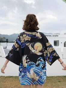 中国风复古可爱学院风仙鹤印花罩衫，和服外套，夏季沙滩比基尼罩衫，防晒外套 春季黑色 - 黑色 - 查看 7