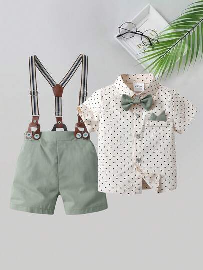 BOARNSEORL 2 件套男婴绅士服装套装：短袖领衬衫配领结和浅绿色吊带短裤，时尚别致，适合生日派对、婚礼、宴会
