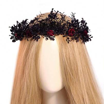 Gothic Black Flower Crown - Woodland Fairy Headpiece Dark Forest Circlet Elf Leaf Tiara For Women Witch Goth Wedding Renaissance Halloween Renfaire Cosplay
