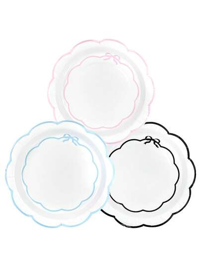 Bộ 10/20/30 chiếc đĩa giấy 7 inch/9 inch màu xanh dương, hồng, đen, viền lượn sóng, đĩa dùng một lần có nơ, thích hợp cho đám cưới, sinh nhật, tiệc mừng em bé, trang trí bàn ăn.