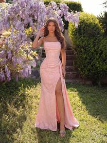 ADYCE 优雅吊带提花面料褶皱上身高腰系带长款露背及地晚礼服，适合舞会、生日派对、盛大晚宴、约会、正式晚宴、婚礼宾客及家庭度假等场合。 - 淺粉色 - 查看 3