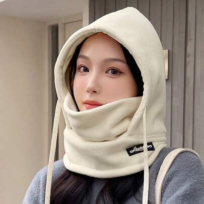 1pc Unisex Hat With Ear Warmer - Solid Color, Neck & Face Protective, High Gram Wool Lining Pullover Hood, Suitable For Outdoor Cycling, Casual Fashion, Drawstring Closure, Autumn/Winter Holiday Themed Warm Headwear