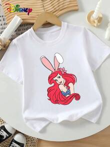 Disney Official Licensed Easter Ariel Bunny Ear Graphic Girls Cute Short Sleeve T-Shirt Soft Breathable Perfect For Daily Wear Playdates And Holiday Gatherings - White - View 3