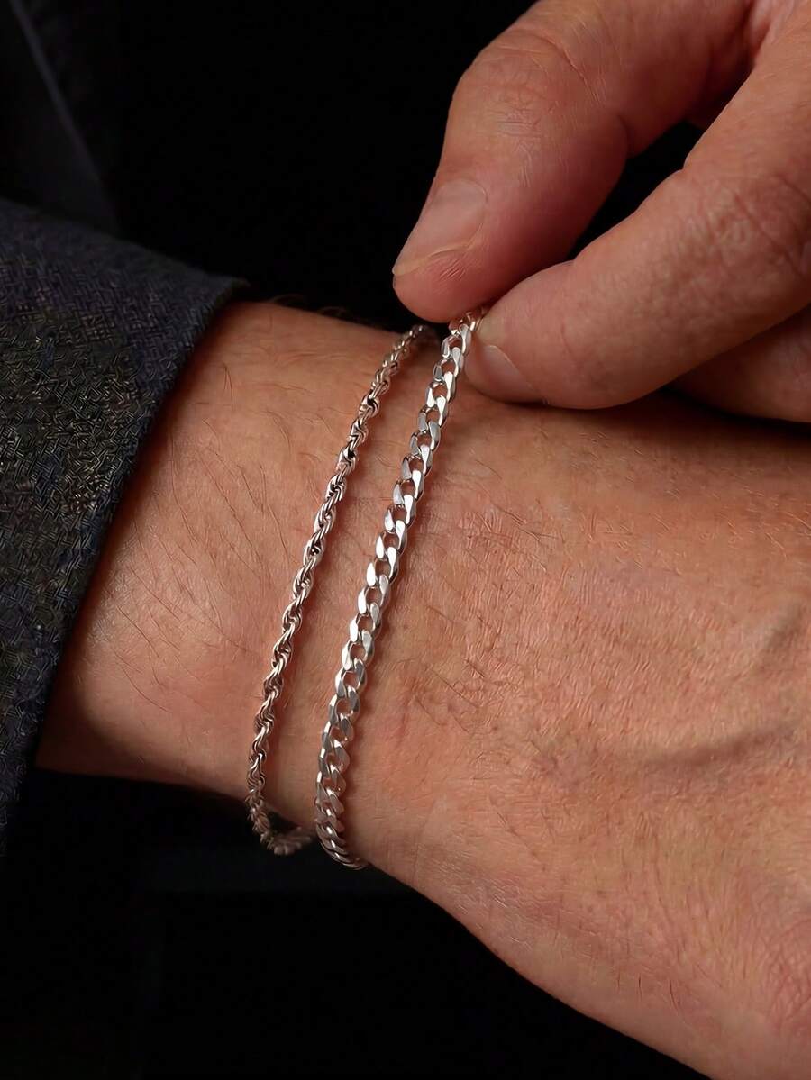 2条装不锈钢手链，简约设计，可调节尺寸，适合男士日常佩戴 - 銀色 - 查看 1