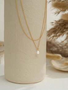 Stainless Steel Waterproof Non-Fading Gold Plated Double Layer Water Drop Pearl Necklace, Suitable For Daily Wear For Women - Gold - View 2