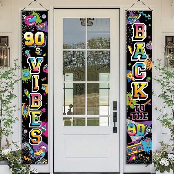 1 paire de bannières de porche disco rétro hip hop en polyester avec thème "Retour aux années 90", design de culture rock et pop. Convient pour une utilisation polyvalente à l'intérieur et à l'extérieur. Idéal pour les célébrations d'anniversaire et les décorations d'événements nostalgiques. Design rétro des années 90, décorations de porche, décorations de fête