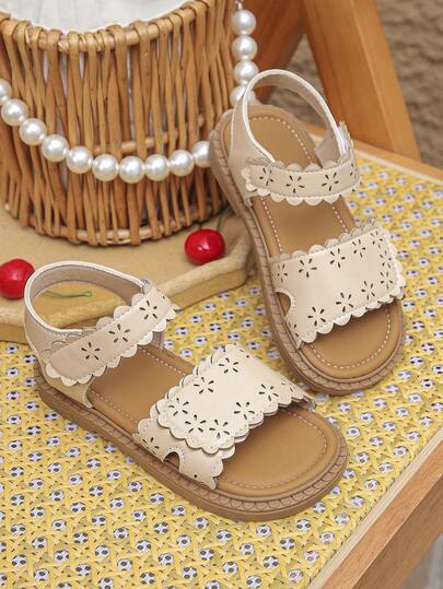 Best Selling Kids Beige Lace Cutout Sandals With Hook And Loop Closure Comfortable Open Toe Summer Sandals For Little Girls