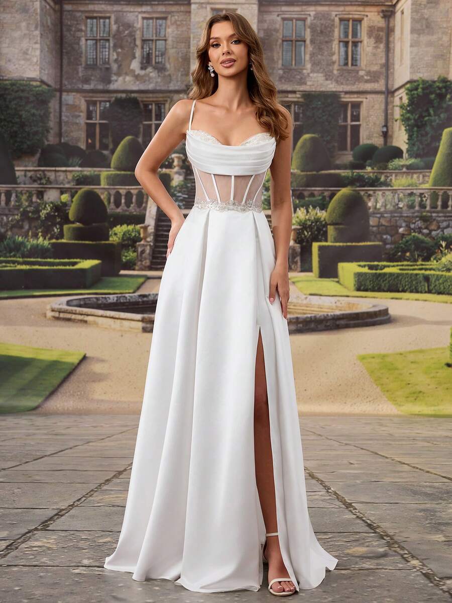 HEARBOBO 别致巴洛克风格返校礼服，高端缎面吊带美人鱼长裙，法式婚纱 - 白色 - 查看 1