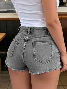 Asymmetrical Frayed Hem Distressed Ripped Wide Leg Denim Shorts, Sexy Style - Light Grey - View 3