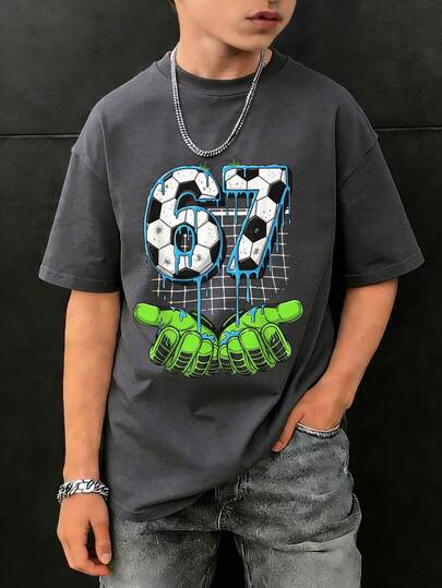 1pc Tween Boy Casual Football Graphic Print Short Sleeve T-Shirt, Summer Top For Young Students