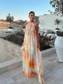 Tie-Dye Halter Straight Maxi Dress, Lightweight Breathable Chiffon Long Dress, Spring Summer Vacation, Date & Casual Wear Gradient Watercolor Halter Neck Maxi Dress, Flowy Chiffon Straight Dress, Perfect For Beach Vacation, Party & Evening Gala - 圖片色(25171) - 查看 2