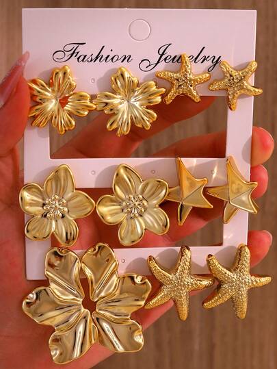 12pcs Fashionable Earring Set, Exaggerated Eternal Flower, Large C-Shape, Five-Petal Flower, Butterfly Series Earrings, Suitable For Daily And Holiday Wear For Women. This Product Is Made Of ABS Resin Material With UV Gold Plating That Does Not Fade.